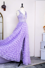 Party Dress Style Shop, Lavender Plunging V Neck Appliques Layers Long Prom Dress with Slit