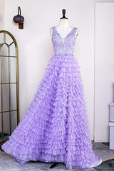 Party Dress Fancy, Lavender Plunging V Neck Appliques Layers Long Prom Dress with Slit