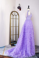 Party Dress In Store, Lavender Plunging V Neck Appliques Layers Long Prom Dress with Slit