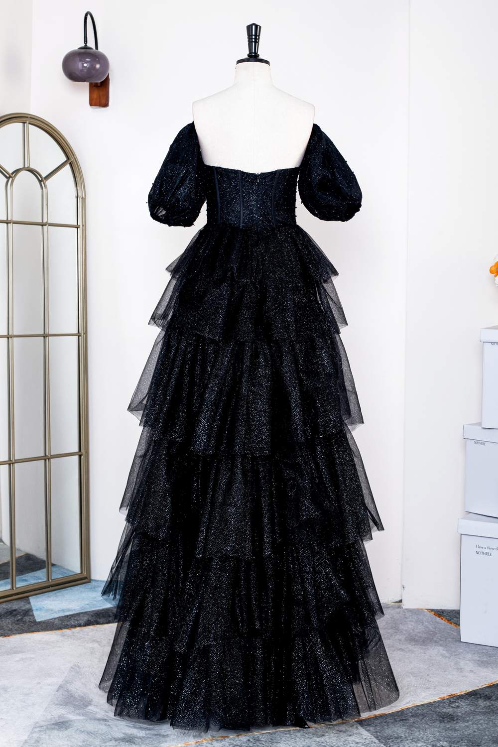 Formal Dresses For Weddings Near Me, Saprkly Black Off-Shoulder Puff Sleeves Layers Long Prom Dress