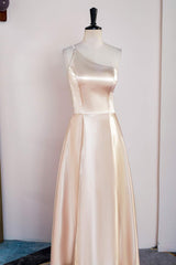Homecomming Dresses Fitted, Champagne One Shoulder A-line Satin Tea Length Bridesmaid Dress