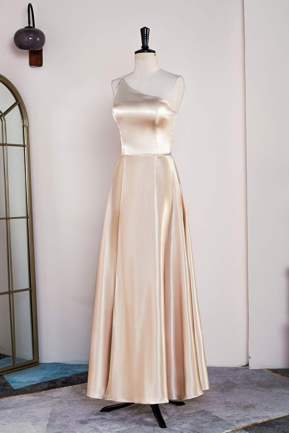 Homecoming Dress Tight, Champagne One Shoulder A-line Satin Tea Length Bridesmaid Dress