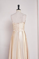 Homecoming Dresses Pockets, Champagne One Shoulder A-line Satin Tea Length Bridesmaid Dress