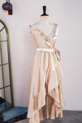 Homecomming Dresses Red, Champagne Ruffled Faux-Wrapped A-line Hi-Low Bridesmaid Dress with Sash
