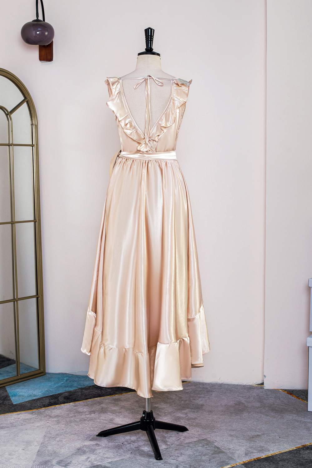Homecoming Dresses Blues, Champagne Ruffled Faux-Wrapped A-line Hi-Low Bridesmaid Dress with Sash