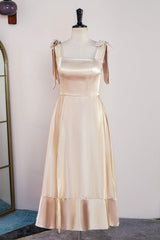 Homecoming Dresses Floral, Champagne Bow Tie Straps A-line Satin Tea-Length Bridesmaid Dress
