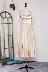 Homecomming Dresses With Sleeves, Champagne Bow Tie Straps A-line Satin Tea-Length Bridesmaid Dress