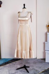Homecoming Dress Floral, Champagne Bow Tie Straps A-line Satin Tea-Length Bridesmaid Dress