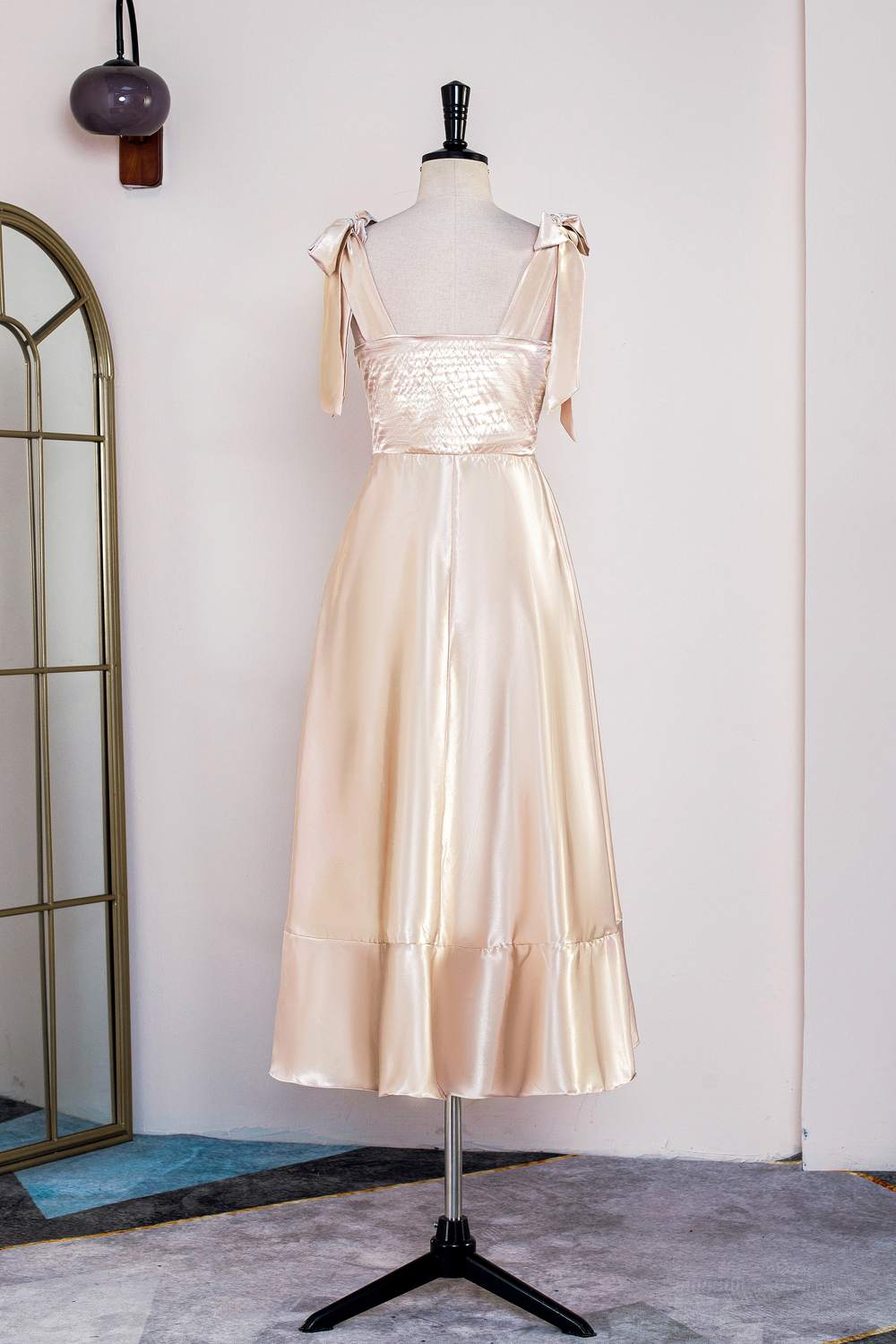 Homecomming Dresses Floral, Champagne Bow Tie Straps A-line Satin Tea-Length Bridesmaid Dress