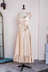 Homecomming Dresses Vintage, Champagne Sleeveless Ruffled A-line Tea-Length Bridesmaid Dress with Sash