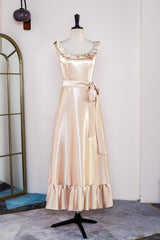 Homecomeing Dresses Vintage, Champagne Sleeveless Ruffled A-line Tea-Length Bridesmaid Dress with Sash