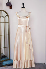 Homecoming Dress Sweetheart, Champagne Sleeveless Ruffled A-line Tea-Length Bridesmaid Dress with Sash