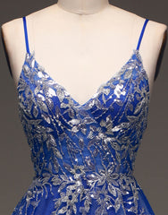 Bridesmaid Dress Inspo, Royal Blue Spaghetti Straps Long Glitter A-Line Tulle Prom Dress