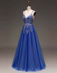Bridesmaid Dress Different Styles, Royal Blue Spaghetti Straps Long Glitter A-Line Tulle Prom Dress