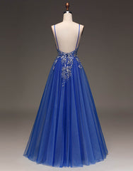 Bridesmaid Dresses Neutral, Royal Blue Spaghetti Straps Long Glitter A-Line Tulle Prom Dress