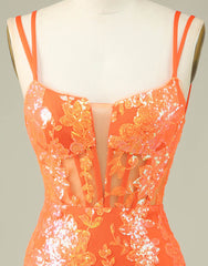 Bridesmaids Dresses Gold, Orange Double Spaghetti Straps Glitter SequinTight Homecoming Dress
