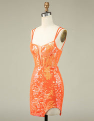 Bridesmaids Dresses Orange, Orange Double Spaghetti Straps Glitter SequinTight Homecoming Dress