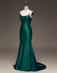 Bridesmaid Dress Custom, Simple Dark Green Spaghetti Straps Lace Up Long Tight Satin Prom Dress