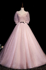 Homecomming Dresses Short, Pink V-Neck Tulle Long Prom Dress, A-Line Short Sleeves Evening Dress