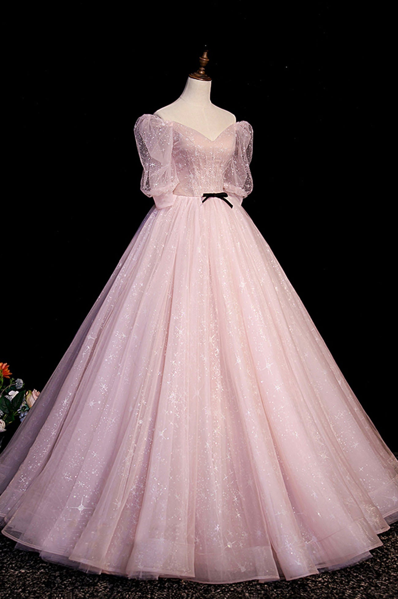 Homecomeing Dresses Long, Pink V-Neck Tulle Long Prom Dress, A-Line Short Sleeves Evening Dress