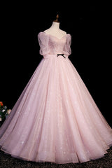 Homecomeing Dresses Long, Pink V-Neck Tulle Long Prom Dress, A-Line Short Sleeves Evening Dress