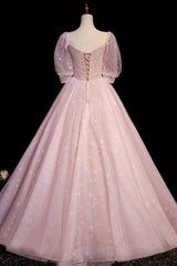 Homecomming Dresses Long, Pink V-Neck Tulle Long Prom Dress, A-Line Short Sleeves Evening Dress