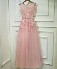 Party Dress And Gown, Pink Lace Tulle Long A Line Prom Dress, Pink Evening Dress, 1