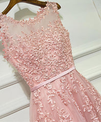 Party Dress Lady, Pink Lace Tulle Long A Line Prom Dress, Pink Evening Dress, 1