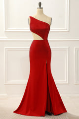 Evening Dress Knee Length, One Shoulder Red Mermaid Prom Dress with Hollow-out