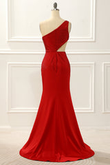 Evening Dresses Knee Length, One Shoulder Red Mermaid Prom Dress with Hollow-out
