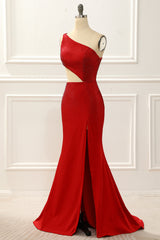Evening Dresses For Over 60, One Shoulder Red Mermaid Prom Dress with Hollow-out