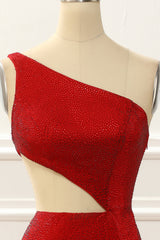Evening Dresses For Over 60S, One Shoulder Red Mermaid Prom Dress with Hollow-out