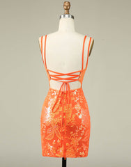 Bridesmaid Dress Orange, Orange Double Spaghetti Straps Glitter SequinTight Homecoming Dress