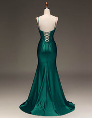 Bridesmaid Dresses Beach, Simple Dark Green Spaghetti Straps Lace Up Long Tight Satin Prom Dress