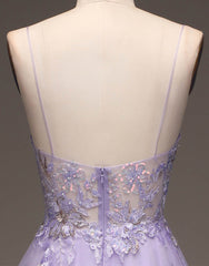 Bridesmaid Dresses Burgundy, Romantic A-Line Purple Long Glitter Prom Dress With Appliques