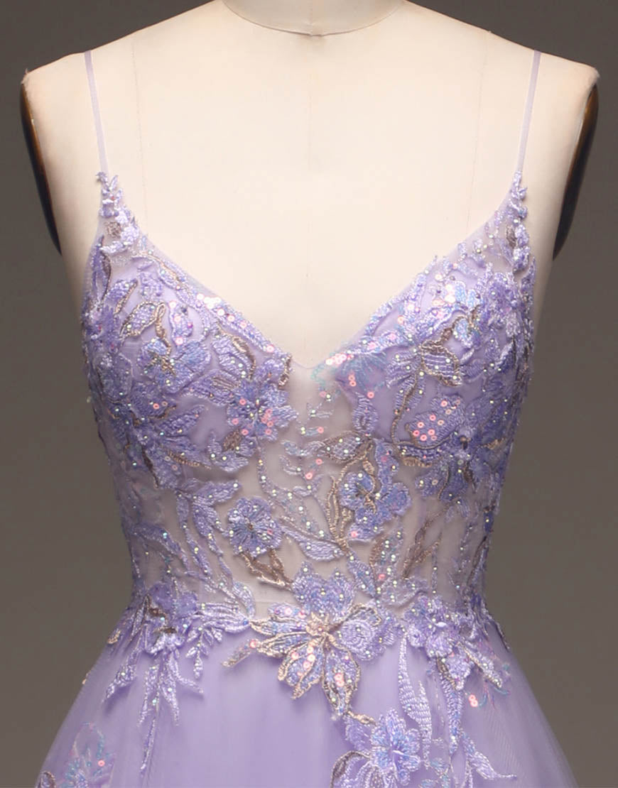 Bridesmaid Dresses Custom, Romantic A-Line Purple Long Glitter Prom Dress With Appliques