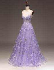 Bridesmaid Dress Website, Romantic A-Line Purple Long Glitter Prom Dress With Appliques