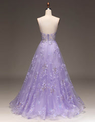 Bridesmaid Dresses In Store, Romantic A-Line Purple Long Glitter Prom Dress With Appliques