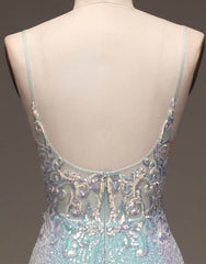 Prom Dresses For Kids, Sparkly Grey Blue Spaghetti Straps Long Mermaid Prom Dress With Split
