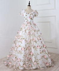 Bridesmaids Dresses Burgundy, White V Neck 3D Flowers Long Prom Dress, White Evening Dress