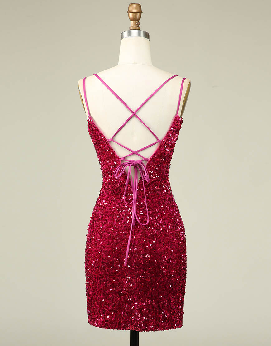 Prom Dresses For Curvy Figures, Sparkly Sequin Double Spaghetti Straps Tight Homecoming Dress