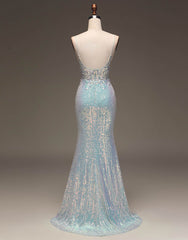 Red Prom Dress, Sparkly Grey Blue Spaghetti Straps Long Mermaid Prom Dress With Split