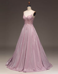 Bridesmaid Dresses Sleeveless, Pretty Blush A-Line Spaghetti Straps Long Glitter Prom Dress