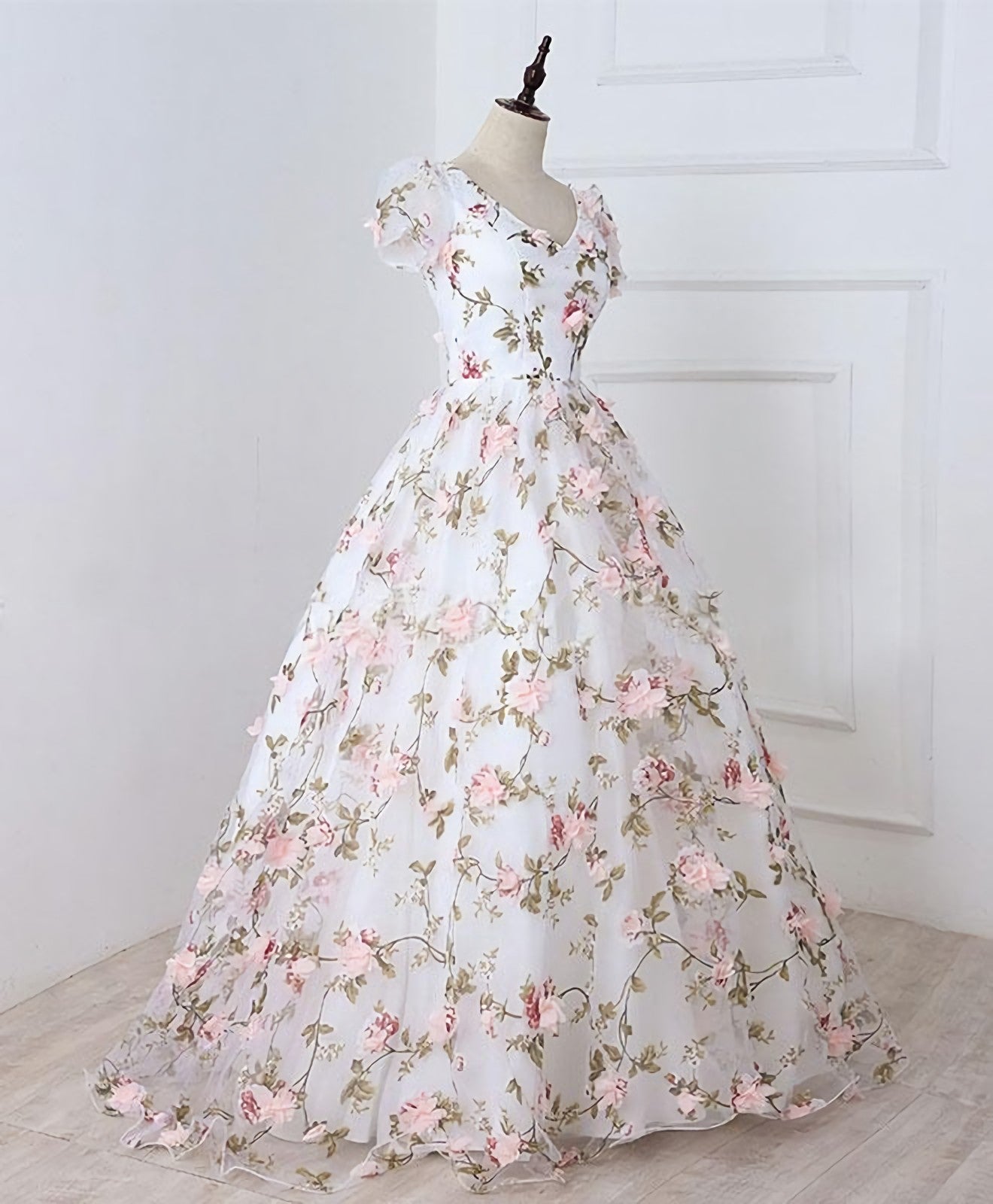 Bridesmaid Dress Burgundy, White V Neck 3D Flowers Long Prom Dress, White Evening Dress