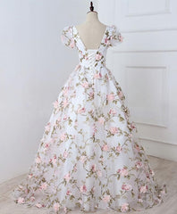 Bridesmaids Dresses Short, White V Neck 3D Flowers Long Prom Dress, White Evening Dress