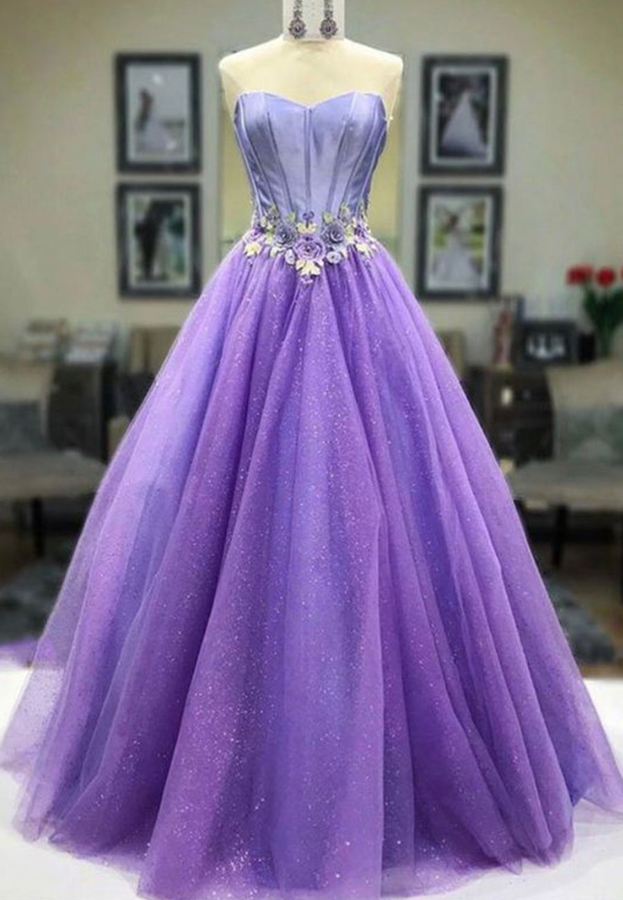 Evening Dress Red, Purple Strapless Tulle Long Prom Dresses, A-Line Evening Dresses
