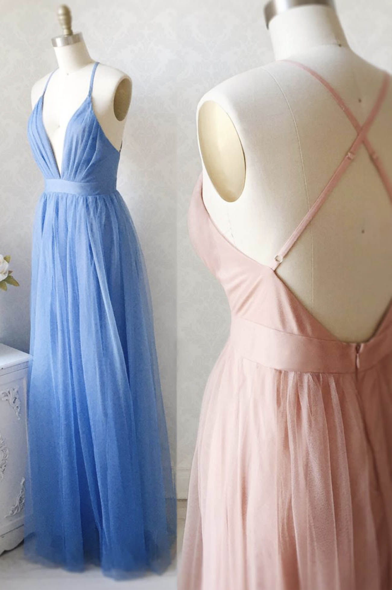 Prom Dresses Long Beautiful, A-Line Tulle Long Prom Dresses, Simple V-Neck Party Dresses