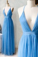 Prom Dress Lace, A-Line Tulle Long Prom Dresses, Simple V-Neck Party Dresses