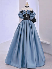 Evening Dresses For Weddings Guest, Blue Satin Lace Long Prom Dress, Off Shoulder Evening Dress