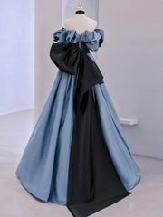 Evening Dresses Off The Shoulder, Blue Satin Lace Long Prom Dress, Off Shoulder Evening Dress